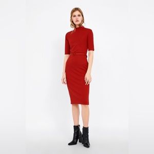 Zara red mock turtleneck belted sheath dress
